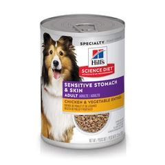 Hill's Science Diet adult wet dog food can with chicken and vegetables promotes gentle digestion.