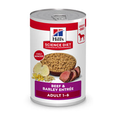 Hill's Science Diet Adult Beef & Barley cans, side view, balanced daily nutrition.