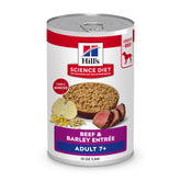 Hill's Science Diet Adult 7+ Beef & Barley can close-up showing premium protein for senior dogs