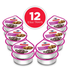 Hill's Science Diet beef and vegetables wet food close-up with gravy and real meat.