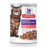 Hill's Science Diet cat wet food salmon-tuna dinner open pouch shows texture for sensitive stomach comfort