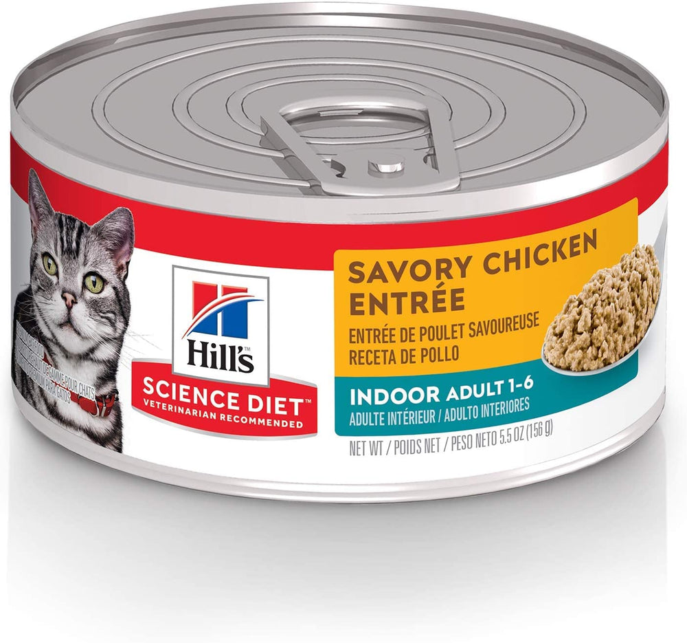 Hill's Science Diet Indoor Cat Chicken Entrée in a bowl highlighting real chicken flavor and indoor nutrition