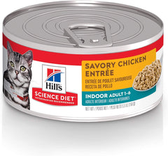 Hill's Science Diet Indoor Cat Chicken Entrée in a bowl highlighting real chicken flavor and indoor nutrition