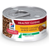 Hill's Science Diet Kitten Healthy Cuisine chicken and rice cans show balanced nutrition for growth.