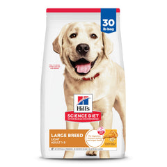 Hill's Science Diet large breed light dry dog food 30lb bag close-up kibble for weight control