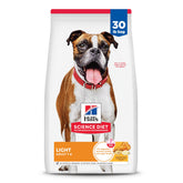 Hill's Science Diet Light Adult 1-6 bag shows 30 lb packaging for weight-conscious dogs