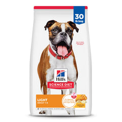 Hill's Science Diet Light Adult 1-6 bag shows 30 lb packaging for weight-conscious dogs