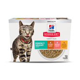Hill's Science Diet Perfect Weight chicken can for adult cats, highlighting meal variety and protein content.