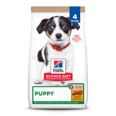 Hill's Science Diet Puppy dry food bag showing no corn, wheat, or soy for sensitive puppies.