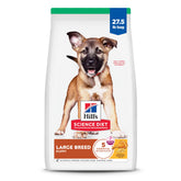 Hill's Science Diet Puppy Large Breed bag shows chicken and brown rice formula promoting bone growth