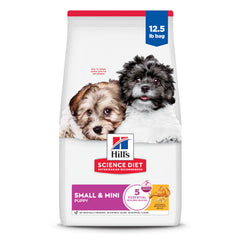 Hill's Science Diet Puppy Small & Mini bag front shows small-breed nutrition for healthy growth.