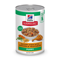 Hill's Science Diet Puppy wet food open can with chicken and vegetables for growing puppies.