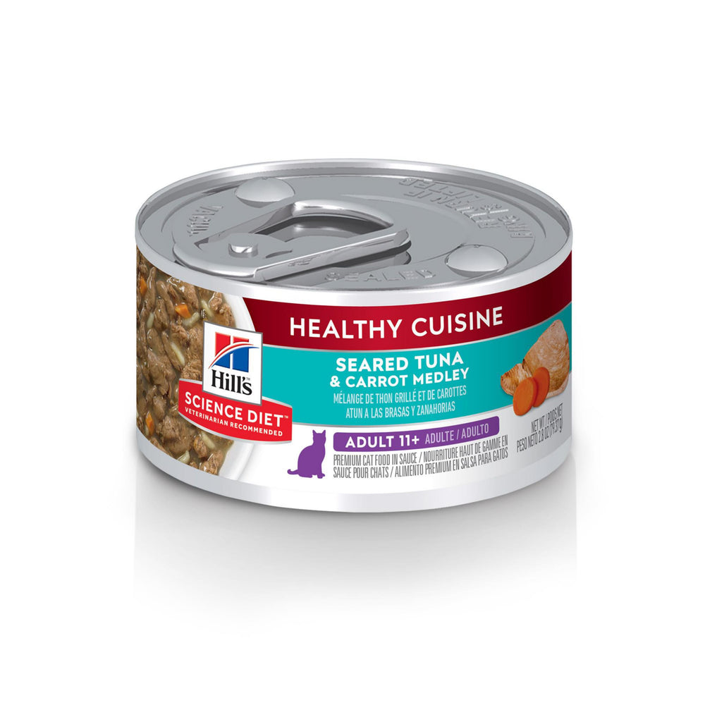 Hill's Science Diet Senior 11+ tuna carrot medley can close-up for tasty protein