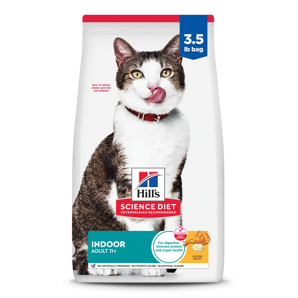 Hill's Science Diet Senior 11+ Indoor chicken kibble in a 3.5 lb bag for indoor cats