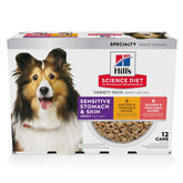 Hill's Science Diet variety pack cans for adult dogs with sensitive stomachs, supporting gentle digestion.