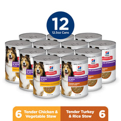 Hill's Science Diet Turkey & Rice Stew cans in the variety pack.