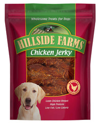 Hillside Farms Natural-Cut Chicken Jerky bag, a high-protein treat for all breeds.