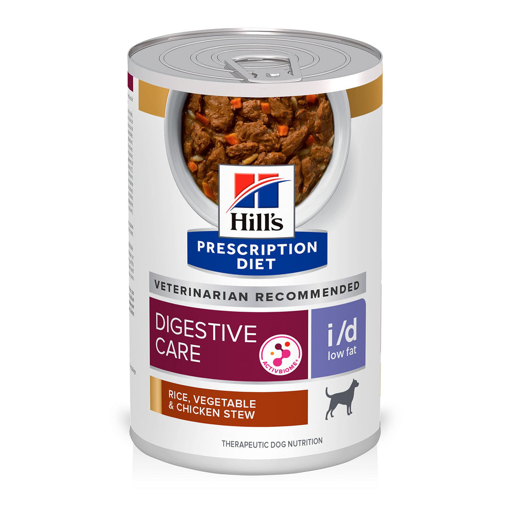 Hill's Prescription Diet i/d low-fat dog stew can shows gentle texture and nutritional focus