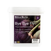 Hilton Herbs Bye Bye Fly Garlic Granules tub on shelf supports general health in horses.