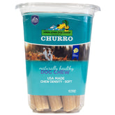 Himalayan Dog Chew holiday churro tub front view showing lactose-free, gluten-free treats.