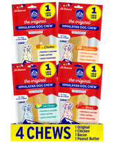 Himalayan Dog Chew variety pack closeup showing four flavors and dense texture for dogs