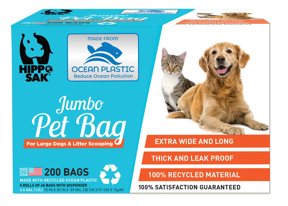 Hippo Sak extra-large poop bags with dispenser for mess-free pickups after walks.