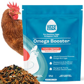 Hippy Chick Omega Booster bottle close-up showing a colorful mix for flock enrichment.