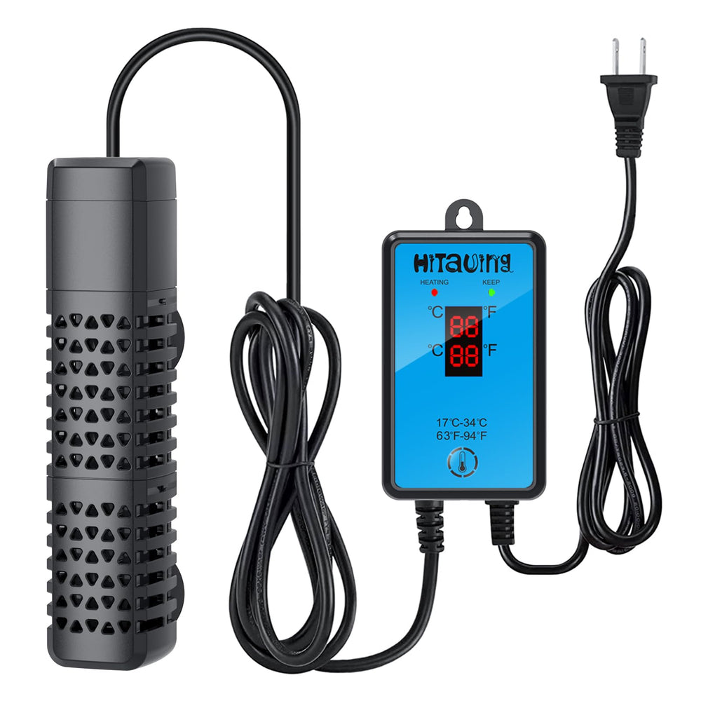 HiTauing aquarium heater with explosion-proof quartz tube for safe freshwater and saltwater use.