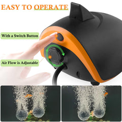 Hitop 4W 110GPH two-outlets pump, side view highlighting versatile aeration options