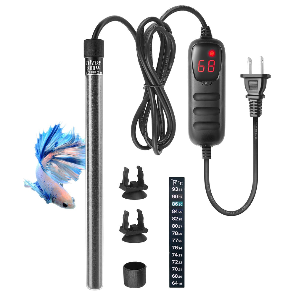 HITOP compact 200W heater front view for small tanks and precise warmth.