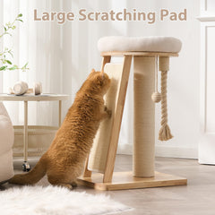 HITTITE cat tree features interactive rope and a dangling ball for active play.