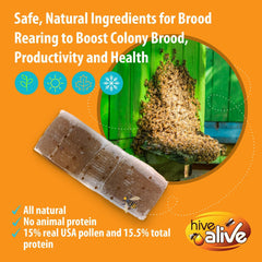 HIVE ALIVE pollen patty with 15% USA pollen supports spring brood buildup.