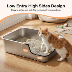 HNeekyr stainless steel cat litter box high-sides design reduces scatter.