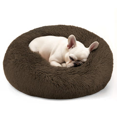 Hoewina round dog bed in coffee with front view showing cozy nest design for small dogs
