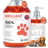 Hofseth BioCare Salmon Oil being poured for dogs to support a healthy coat.
