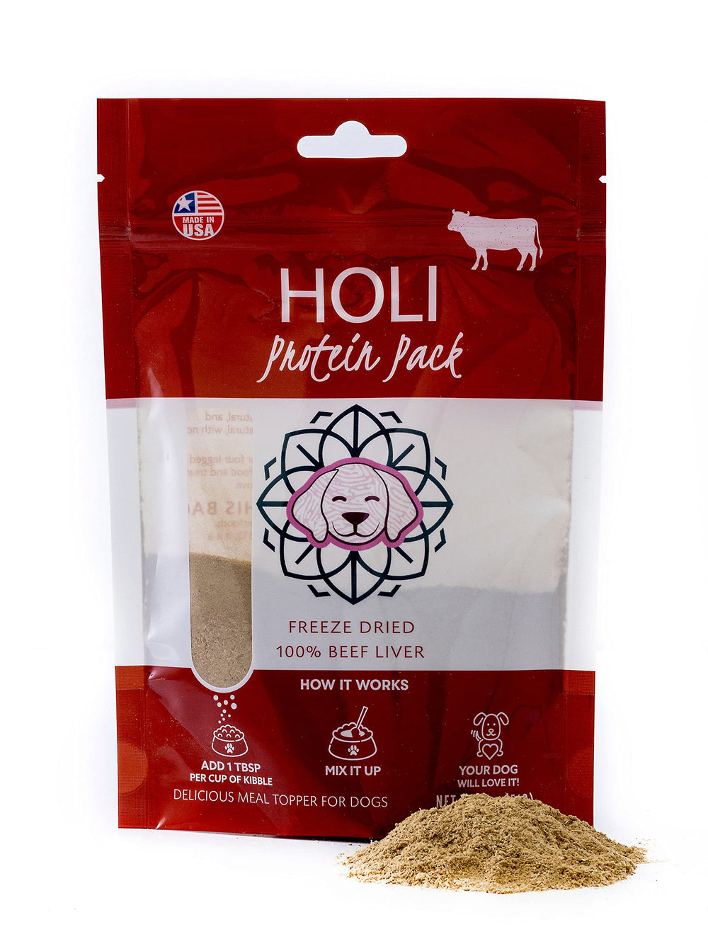 HOLI Beef Liver Powder Topper packaging highlights human-grade, single-ingredient nutrition for dogs.
