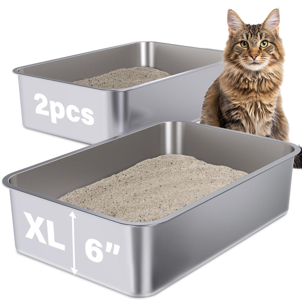 Holintan stainless steel litter box 2-pack top view highlights extra-large interior space for big cats.