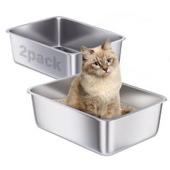 Holintan stainless steel litter box 2-pack front view showing durable, easy-to-clean design
