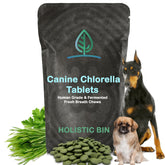 Holistic Bin packaging of canine fermented chlorella tablets for easy daily use