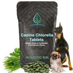 Holistic Bin packaging of canine fermented chlorella tablets for easy daily use