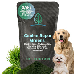 Holistic Bin Canine Super Greens powder tub for gut balance and vitality.