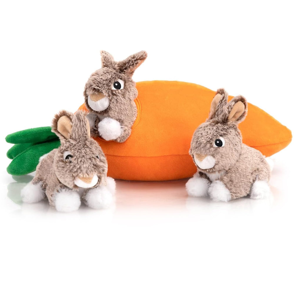 Hollypet Hide and Seek carrot toy with leaves inviting playful exploration.