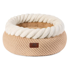 Hollypet round cat bed plush fabric close-up highlights soft, breathable material.