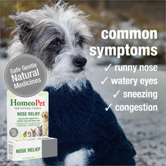 HomeoPet Nose Relief label closeup highlights natural formula