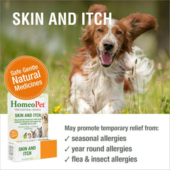 HomeoPet Skin and Itch label closeup highlights natural ingredients for gentle relief.