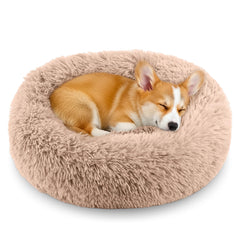 Homeuslynn Calming Donut Bed camel close-up fabric showing plush warmth for cozy naps.