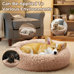 Homeuslynn Calming Donut Bed camel easy-clean washable cover for quick maintenance.