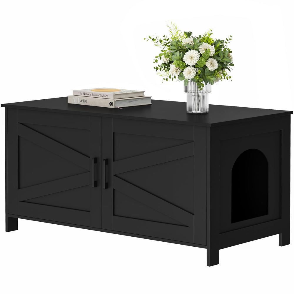 Homhedy cat litter box enclosure front view with discreet barn-door design for a tidy look