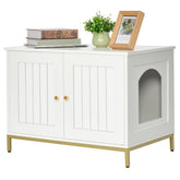 Homhedy cat litter box enclosure with a white and gold frame for private space.