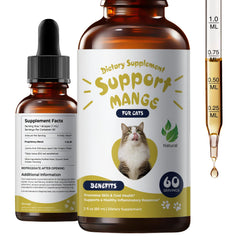 Homibabis mange treatment bottle pour demonstrates easy mixing for soothing cat itch relief